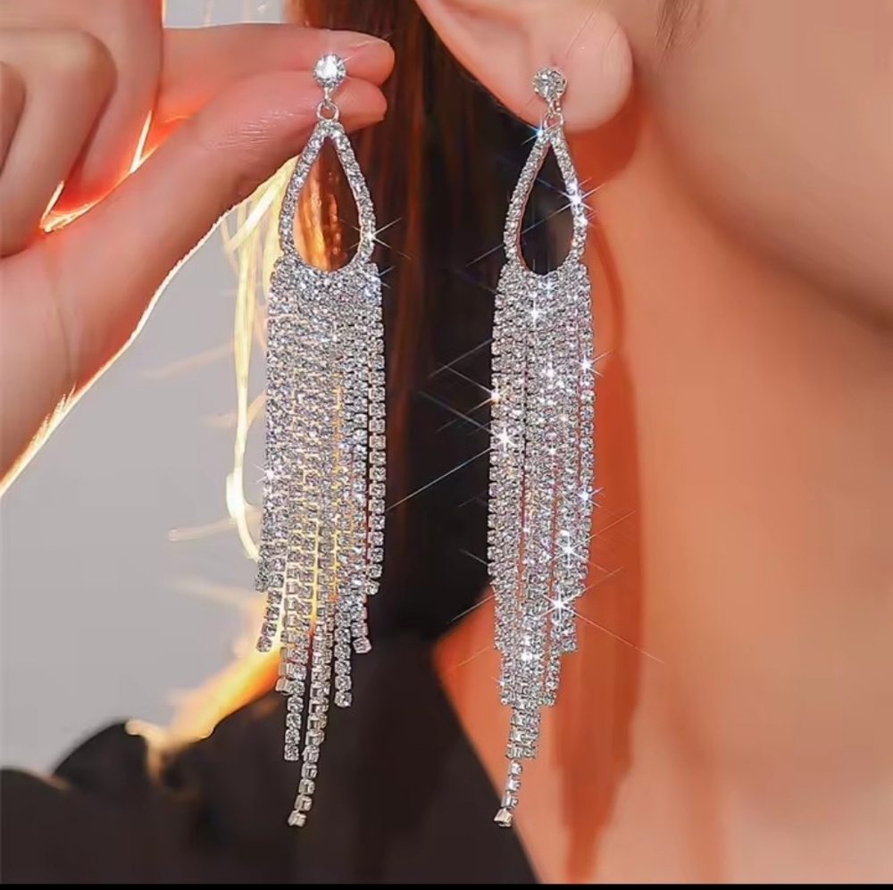 Rhinestone Earrings Silver Tassel Women's Jewelry‎ Dangle New F91